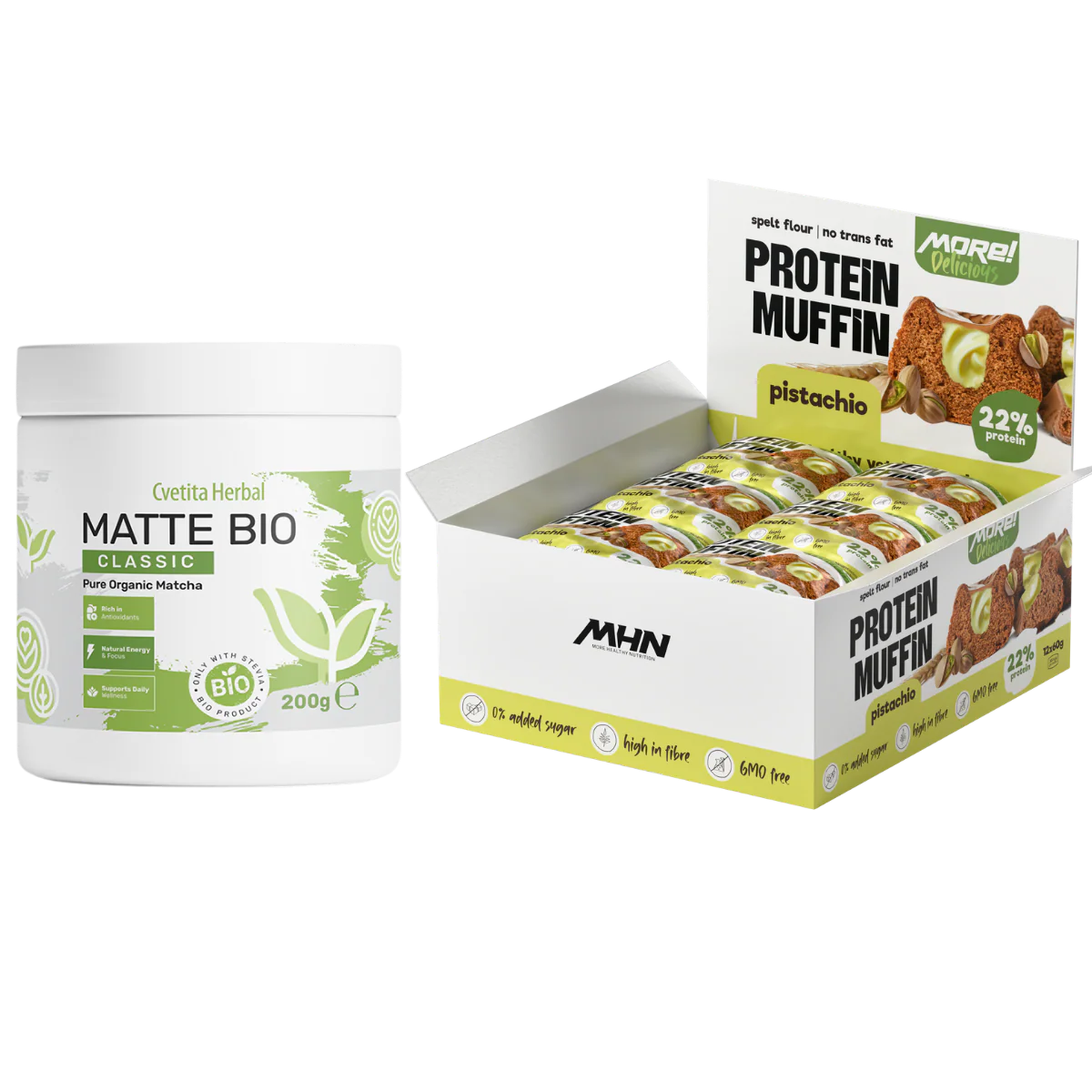 Matte Bio (БИО МАТЧА ЛАТЕ) + Кутия протеинови мъфини с вкус пистачио MHN